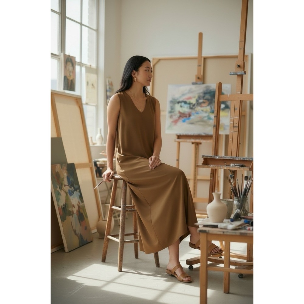Uniqlo x Mame Kurogouchi Womens XS AIRism Brown Sleeveless Maxi Dress BuildInBra